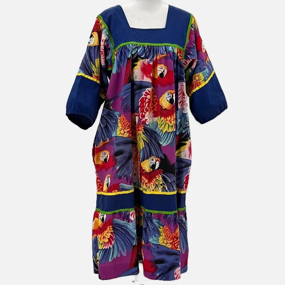 Krist Gudnason Vintage Parrot Print Cotton Patio/House Dress - Large (Measured)